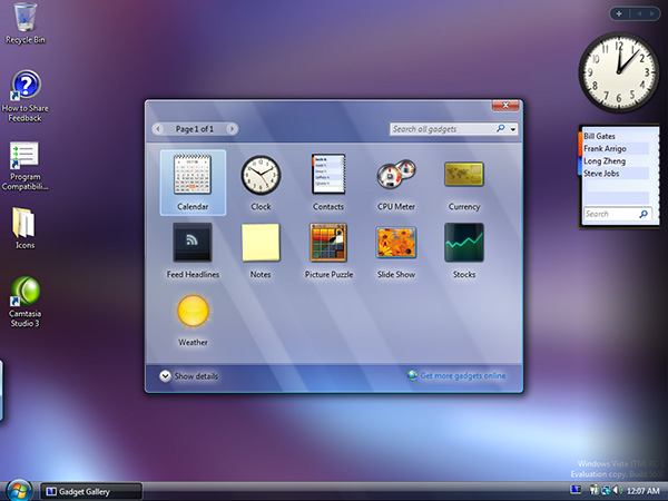 Sidebar gadgets control panel