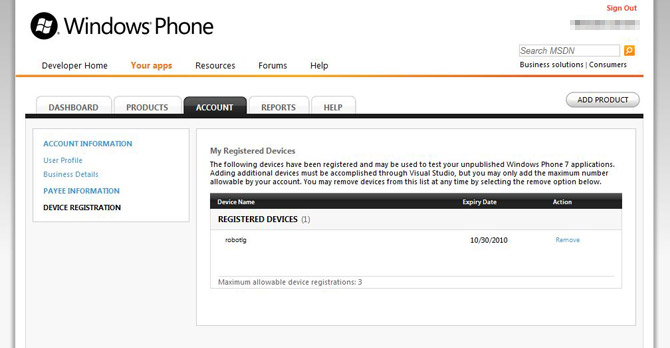 Windows Phone 7 developer registration