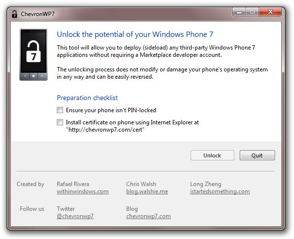 ChevronWP7: Windows Phone 7 unlocker / jailbreak